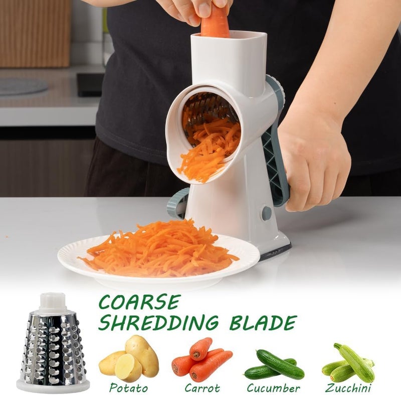 Maxceysen 3 in 1 Manual Vegetable Cutter Machine with Stainless Steel Changeable Blades Rotary Cheese Grater Kitchen Tool Potato Slicer Shredder Nuts Chocolate Chopper (White blue) - Image 3